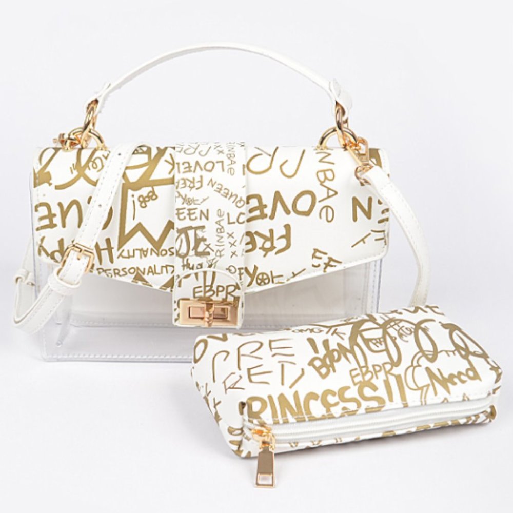 White & Clear Metallic Graffiti Crossbody Bag